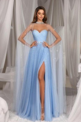 Sky Blue Sweetheart Ruched Long Evening Dress Side Slit with Shawl
