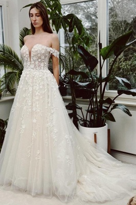 Off-the-Shoulder Aline Wedding Dress Tulle Lace Appliques Garden Bridal Dress