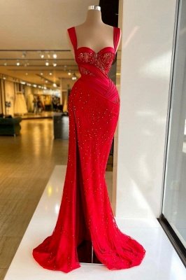 Charmante robe de bal sirène rouge chérie, robe de soirée à bretelles avec perles