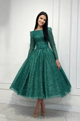 Amazing Glitter Dark Green Aline Party Dress with Long Sleeves