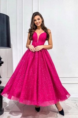 Fuchsia Ankle Length Dress Sleeveless Glitter Aline Party Dress with Belt