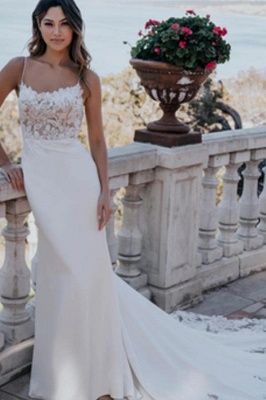 Elegantes weißes Blumenspitzen-Meerjungfrau-Hochzeitskleid mit Spaghettiträgern, langes Brautkleid