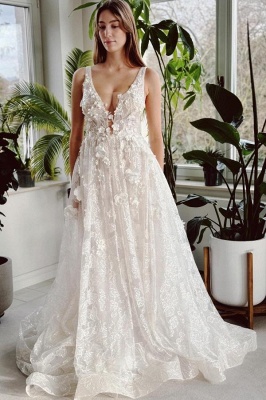 Elegantes A-Linien-Brautkleid mit Spitzenapplikationen und V-Ausschnitt, ärmellos