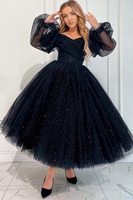 Vintage Black Glitter Aline Ankle Evening Dress Puffy Sleeves Formal Dress