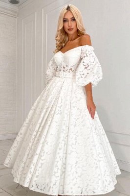 Off-the-Shoulder Floral Wedding Dress Boho Sweetheart Ankle Length Bridal Dress