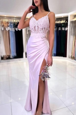 Simple Satin Side Slit Mermaid Prom Dress Spaghetti Straps Lace Appliques Sleeveless Special Occasion Dress