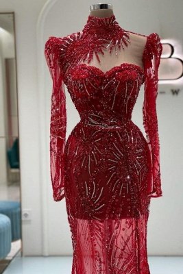 Gorgeous Burgundy High Neck Beadings Mermaid Evening Dress Sweetheart Sequins Party Dresses_2