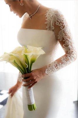 Beautiful White Satin Long Wedding Dress with Floral Lace Sleeves_3