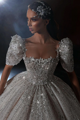Sparkly Crystal Sequins Wedding Dresses Shiny Rhinestone SquareA-line Bridal Ball Gowns_3