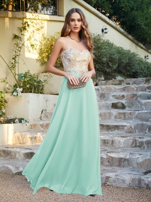 Elegantes ärmelloses Chiffon-Aline-Abendkleid mit Spitzenapplikationen, formelles Kleid