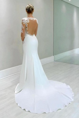 Beautiful White Satin Long Wedding Dress with Floral Lace Sleeves_2