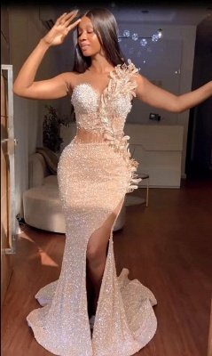 Charming Sleeveless Glitter Sequins Mermaid Prom Dress Fur Side Slit Bodycon Party Dress