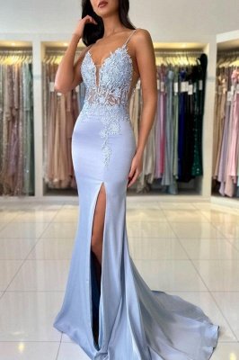 Elegant V-Neck Floral Lace Mermaid Prom Dress Spaghetti Straps Satin Slim Evening Party Dress