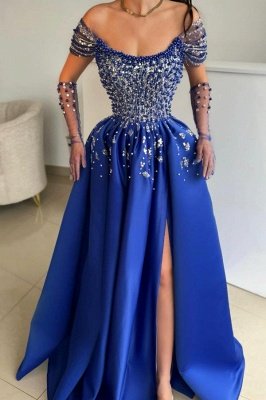 Off-the-Shoulder Beadings Royal Blue Prom Dress Side Split Evening Dress