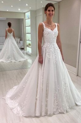 White Tulle Lace A-line Wedding Dresses Sleeveless Appliques Bridal Dress