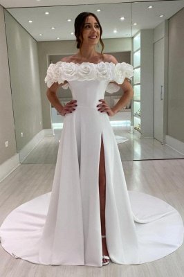 Elegant Off Shoulder Wedding Dresses Satin Flowers Bridal Gown Side Slit
