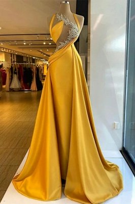 Halter Yellow Ruched Satin Floor Length Dress for Evening Party 3D Crystals Sheath Prom Dress