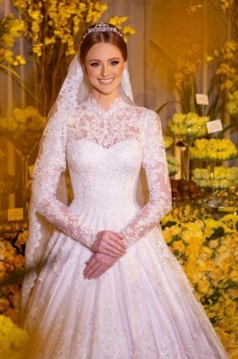 Elegantes vestidos de novia Aline con apliques de encaje floral y cuello alto con mangas