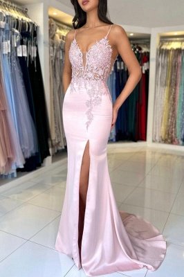 Spaghetti Straps Lace Satin Mermaid Prom Dress Sleeveless Appliques Floor Length Dress