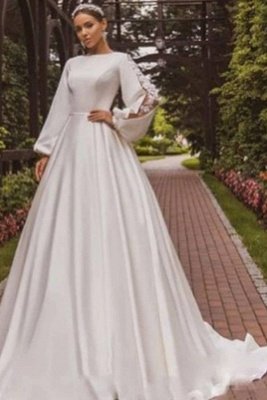 Gorgeous Satin Aline Wedding Dress Flowers Long Bridal Gown with Puffy Long Sleeves