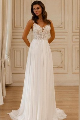 Elegant White Floral Lace Chiffon Aline Wedding Dress Simple V-Neck Sleeveless Bridal Dress
