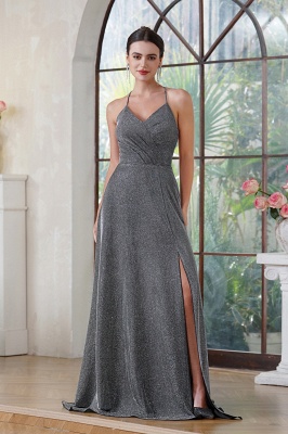 Simple Halter Glitter Pleated Prom Dress V-Neck Side Slit Floor Length Formal Dress with Pocket