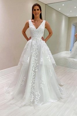 Modest V-Neck Sleeveless A-line Wedding Dresses Floral Lace Tulle Floor Length Bridal Dresses