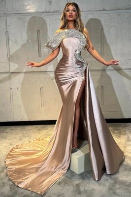 Gorgeous Shiny Sequins Ruched Satin Long Prom Dress with Side Split
