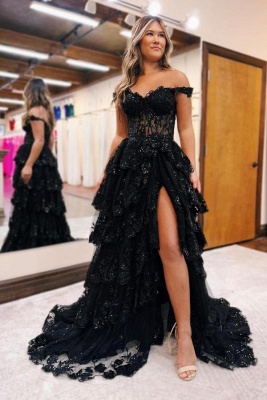 Off-the-Shoulder Black Lace A-line Evening Dress Side Split Party Dress
