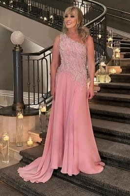 Vestido de invitados de boda de gasa rosa con un hombro, vestidos de noche largos con perlas