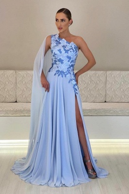 Vestido de noche con apliques de flores azules de un hombro, vestido hasta el suelo de gasa para madre de la novia