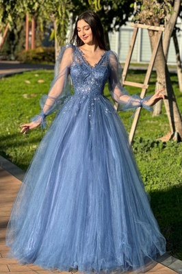 Elegante vestido de noche azul marino con escote en V y apliques y mangas