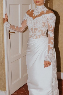Gorgeous High Neck Floral Lace Long Sleeves Wedding Dresses with Sweep Train Satin Bridal Gown_7