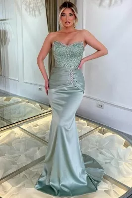Strapless Dusty Sage Ruched Satin Prom Dress Sleeveless Beadings Mermaid Party Dress