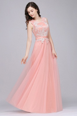 CARLY | A-line Jewel Neck Long Tulle Pink Prom Dresses with Sash_9