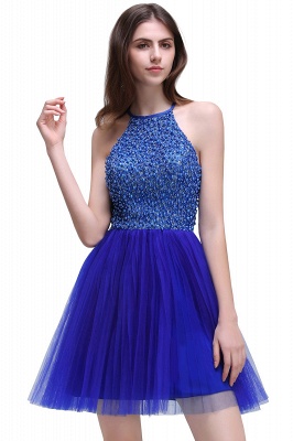 CAITLYN | A-line Halter Neck Short Tulle Royal Blue Homecoming Dresses with Beading_2