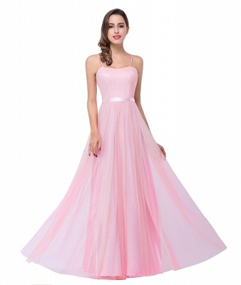 Vestido de noche rosa con espalda abierta y tirantes finos con volantes, una línea simple_10