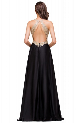 Escote en V Satén Hasta el suelo A-Line Apliques Backless Prom Vestidos_7