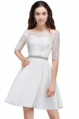 ALICIA | A Line Jewel White Short Sleeve Satin Homecoming Dresses With Lace_7