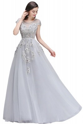 ELAINA | A-line Crew Short Sleeves Floor-length Appliques Tulle Prom Dresses_2
