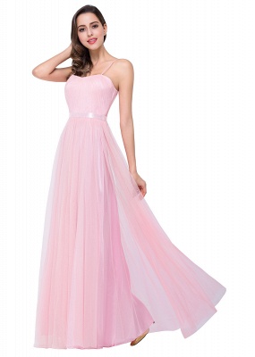 Vestido de noche rosa con espalda abierta y tirantes finos con volantes, una línea simple_9