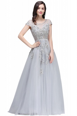 ELAINA | A-line Crew Short Sleeves Floor-length Appliques Tulle Prom Dresses_5