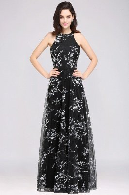 ALYSSA | A-line Floor Length Black Evening Dresses with Flowers_3