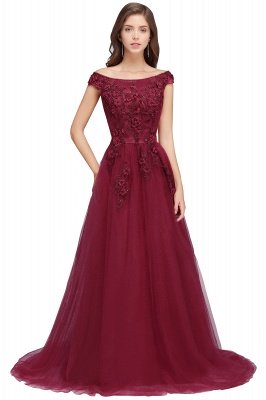 EMBER | A-line Off-shoulder Floor-length Tulle Appliques Prom Dresses_1