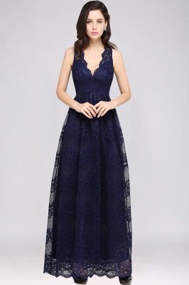 CHAYA | Sheath V-neck Floor-length Lace Navy Blue Prom Dress_10