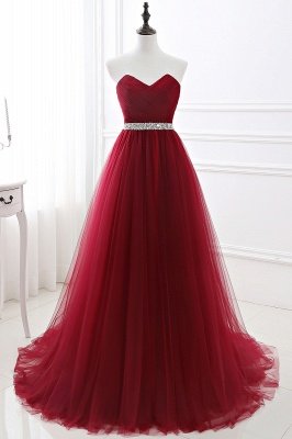 Custom Made Fluffy Tulle A-line Sweetheart Burgundy Prom Dresses Cheap With Beads Belt_9