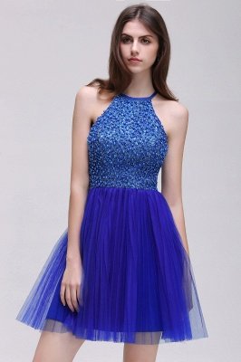 CAITLYN | A-line Halter Neck Short Tulle Royal Blue Homecoming Dresses with Beading_4