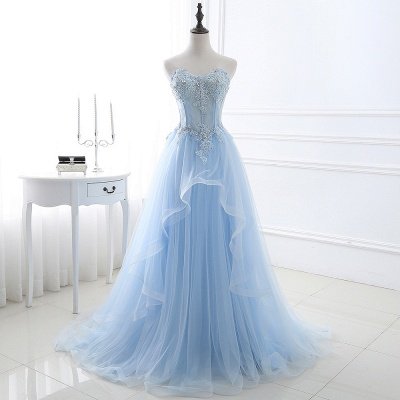 Strapless Fluffy Tulle Sky Blue Formal Dresses | Lace Appliques Evening Gowns_3