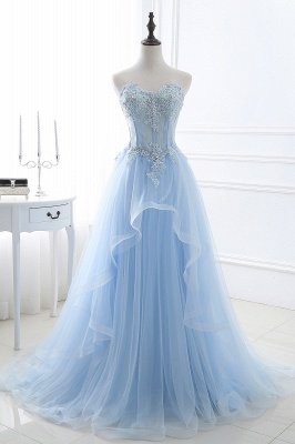 Strapless Fluffy Tulle Sky Blue Formal Dresses | Lace Appliques Evening Gowns_1