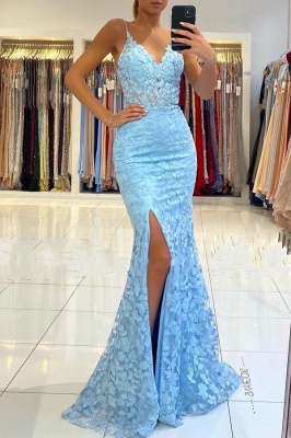 Sky Blue Side Slit Prom Dress Sleeveless V-Neck Mermaid Party Dress_1